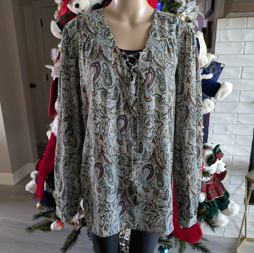 Faded Glory Chiffon Multicolor Green Paisley Shimmer Tassel Blouse Size XXL, 20